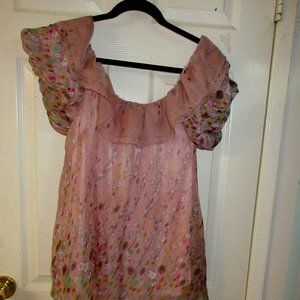 Dani Soft floral ruffle neck peasant top pink satin lined size s
